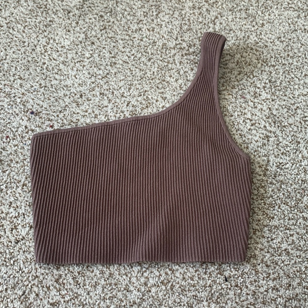 Babaton sculpt knit Brown Ribbed One-Shoulder Crop Top